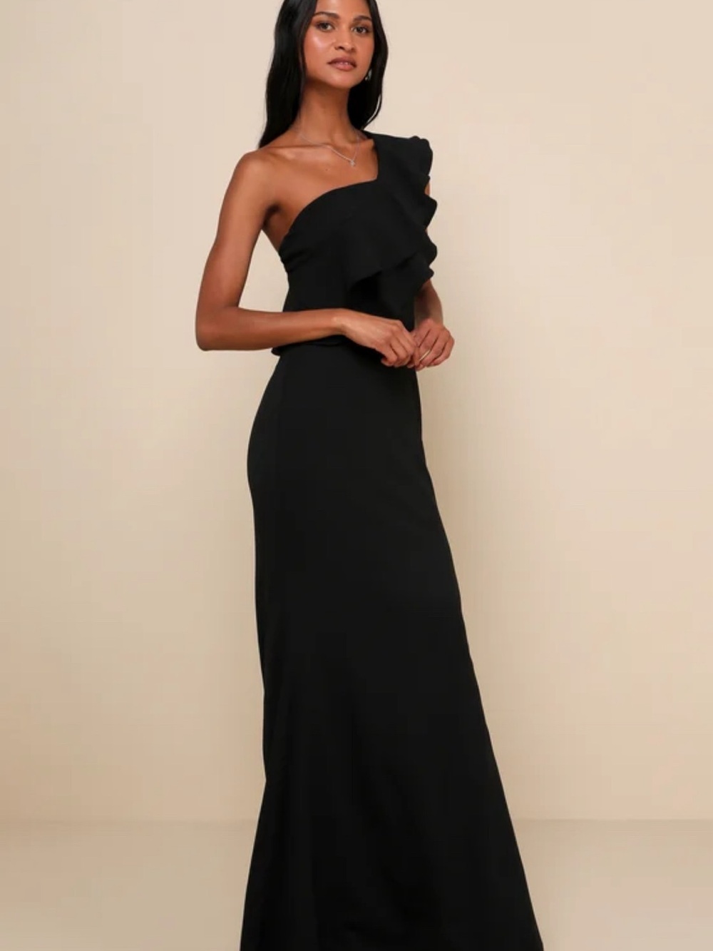 Lulus Grand Beauty Black Ruffled One-Shoulder Mermaid Maxi Dress Size Large NWT - Picture 3 of 7